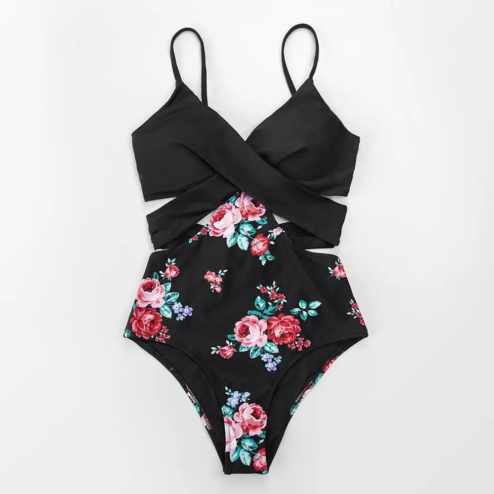 Maillot de bain noir fleur rose | Dame Fleur