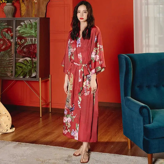 Peignoir Kimono Rouge Fleuri | Dame Fleur