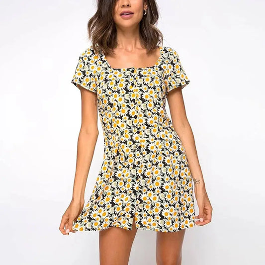 Robe Bleue à Fleurs Jaune | Dame Fleur