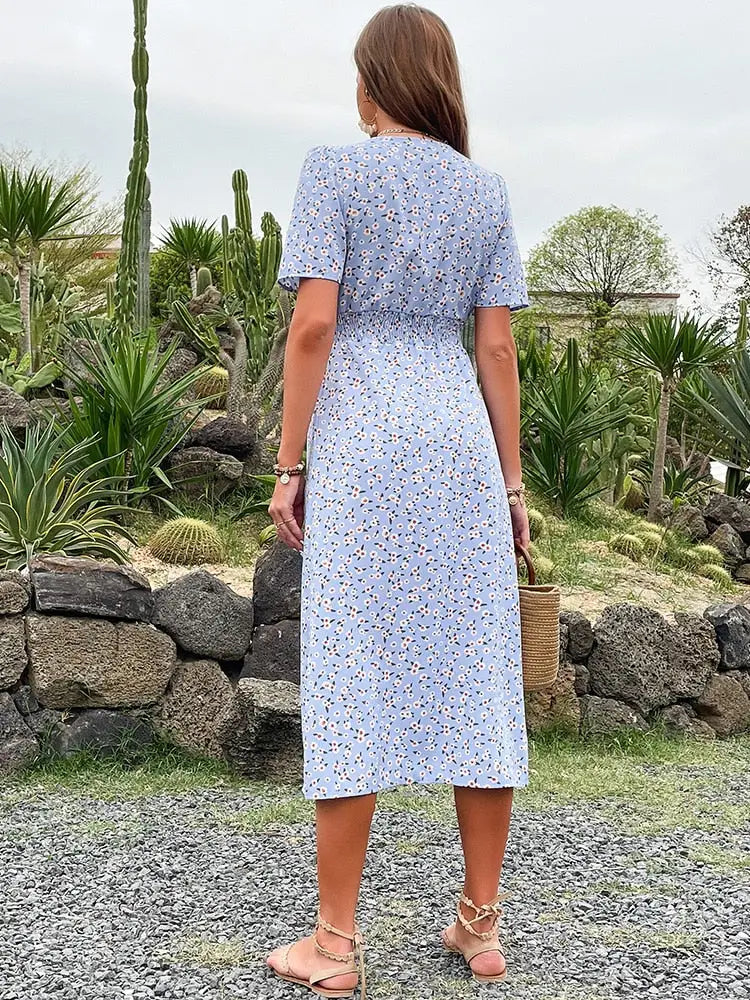 Robe Bleue Fleurie Mi-Longue | Dame Fleur