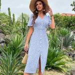 Robe Bleue Fleurie Mi-Longue - Vignette | Dame Fleur