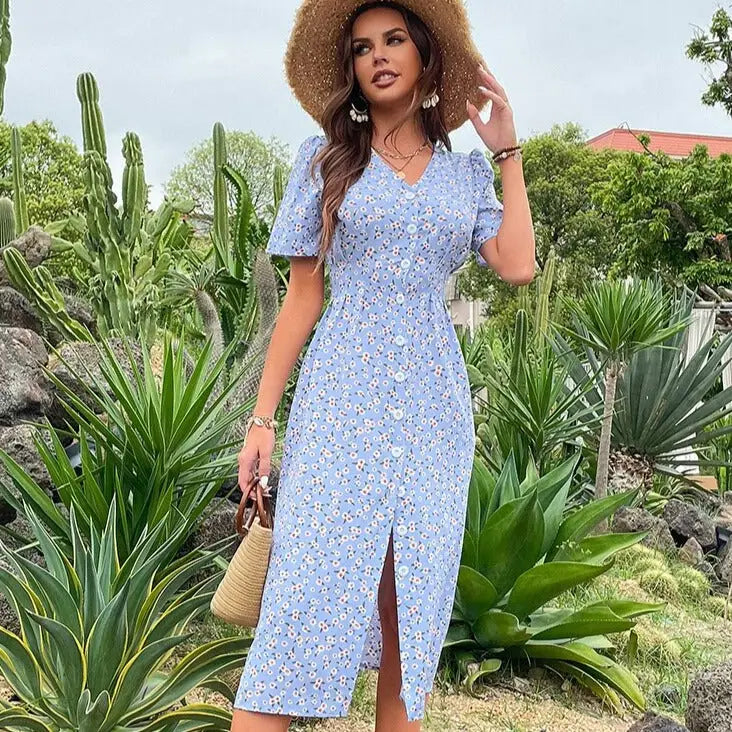 Robe Bleue Fleurie Mi-Longue | Dame Fleur