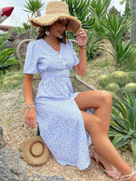 Robe Bleue Fleurie Mi-Longue - Vignette | Dame Fleur