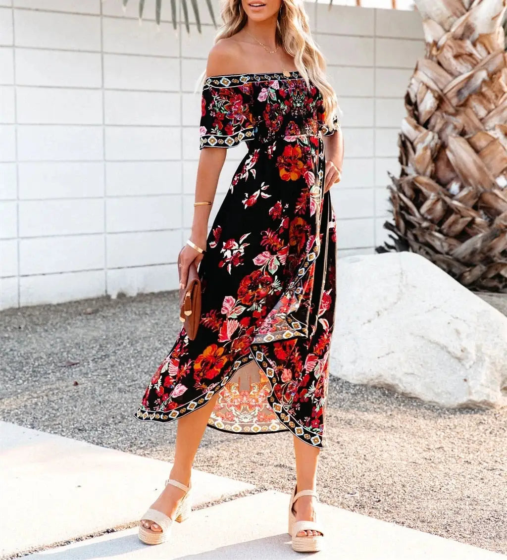 Robe Col Bateau Fleuri Rouge | Dame Fleur