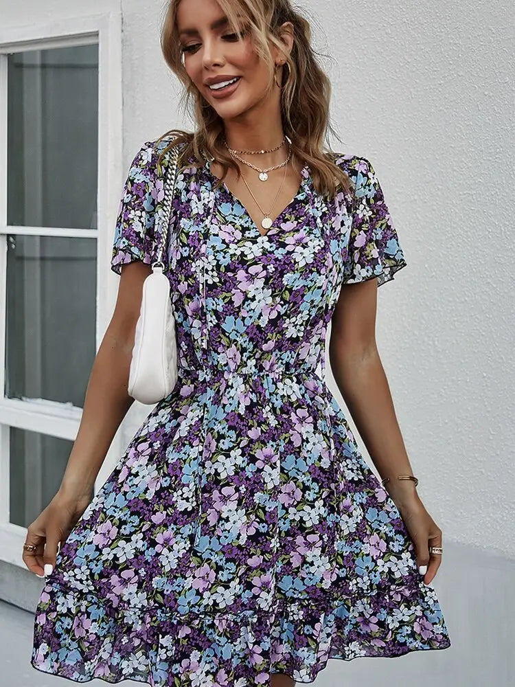 Robe Courte Fleurie Bleue | Dame Fleur