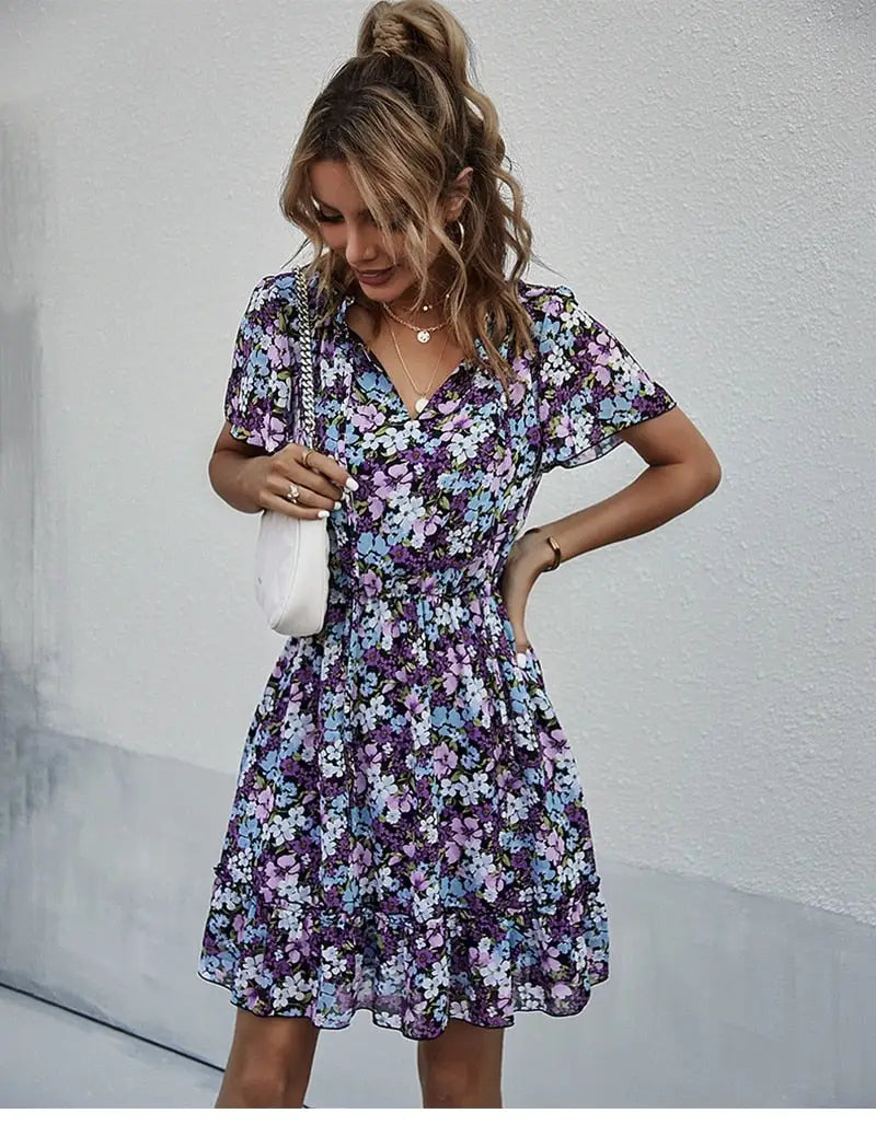 Robe Courte Fleurie Bleue | Dame Fleur