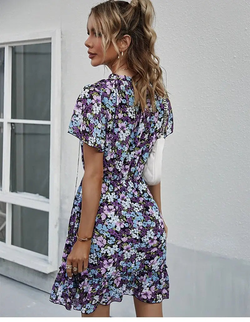 Robe Courte Fleurie Bleue | Dame Fleur