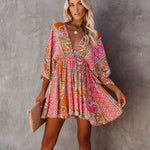 Robe Courte Fleurie Manches Chauve-Souris - Vignette | Dame Fleur