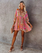 Robe Courte Fleurie Manches Chauve-Souris - Vignette | Dame Fleur
