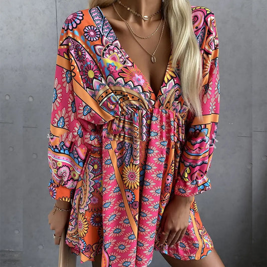 Robe Courte Fleurie Manches Chauve-Souris | Dame Fleur