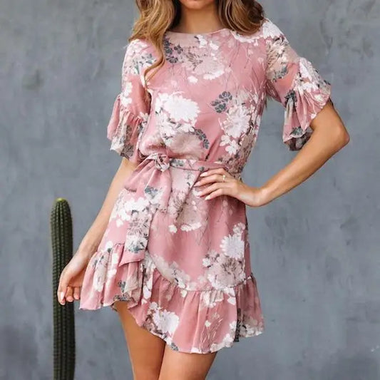 Robe Courte Fleurie Rose Pastel | Dame Fleur