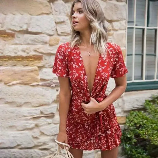 Robe Courte Rouge Fleurs Blanches | Dame Fleur