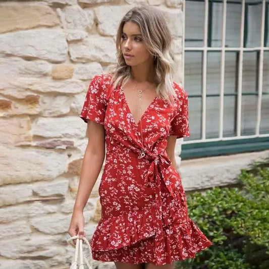 Robe Courte Rouge Fleurs Blanches | Dame Fleur