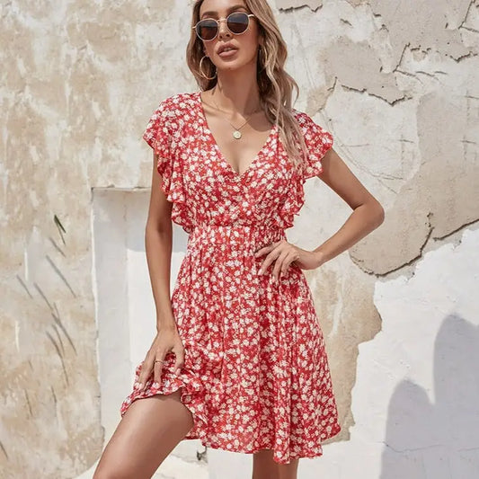 Robe Décontractée Rouge Florale | Dame Fleur