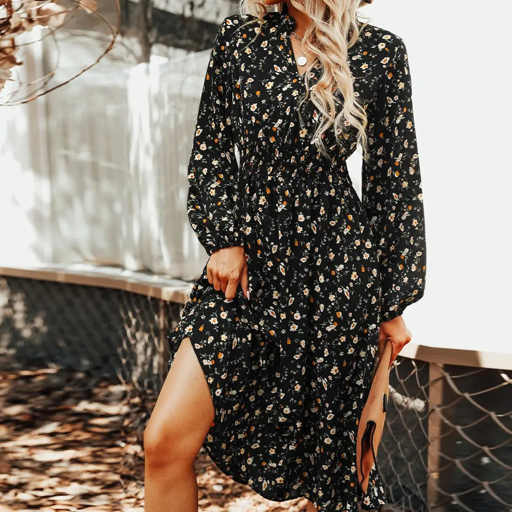 Robe Femme Noire avec Fleurs | Dame Fleur