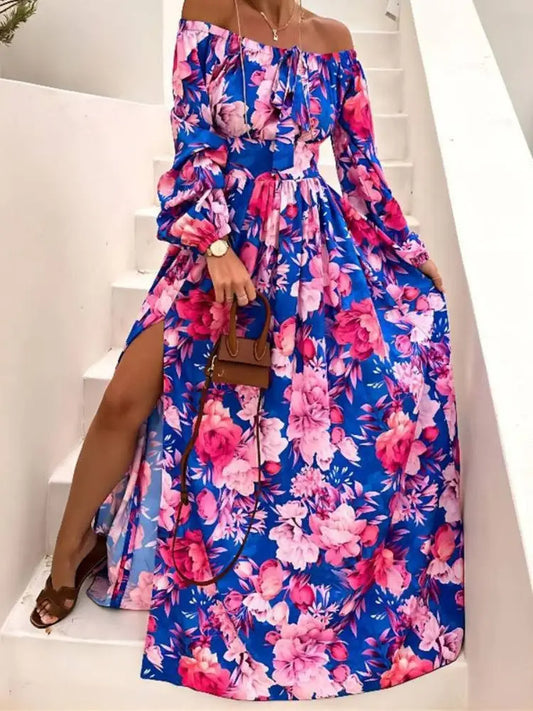Robe Fleurie Col Bateau Fendue | Dame Fleur