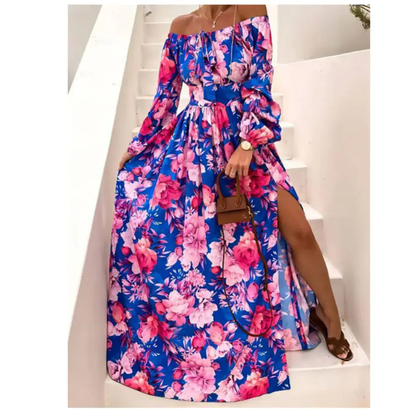 Robe Fleurie Col Bateau Fendue | Dame Fleur