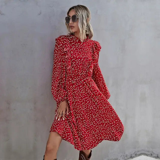 Robe Fleurie Col Montant Rouge | Dame Fleur