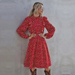 Robe Fleurie Col Montant Rouge - Vignette | Dame Fleur