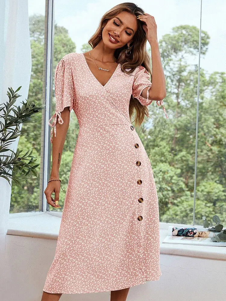 Robe Fleurie Col V Volant | Dame Fleur