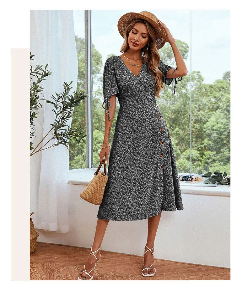 Robe Fleurie Col V Volant | Dame Fleur