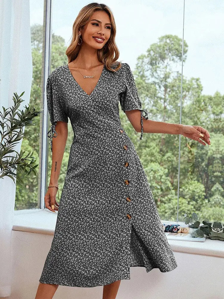 Robe Fleurie Col V Volant | Dame Fleur