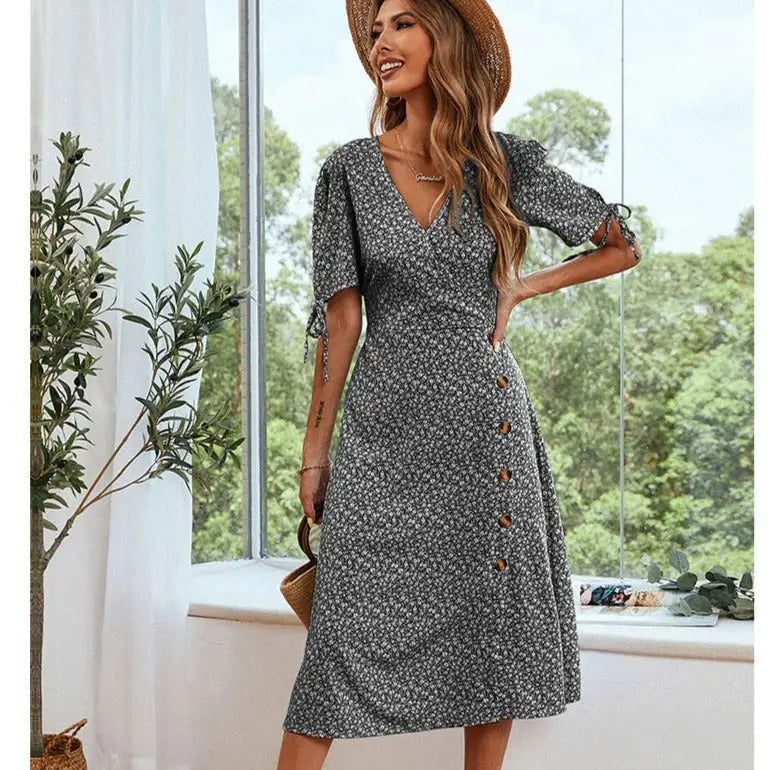 Robe Fleurie Col V Volant | Dame Fleur