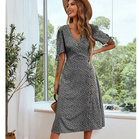 Robe Fleurie Col V Volant | Dame Fleur