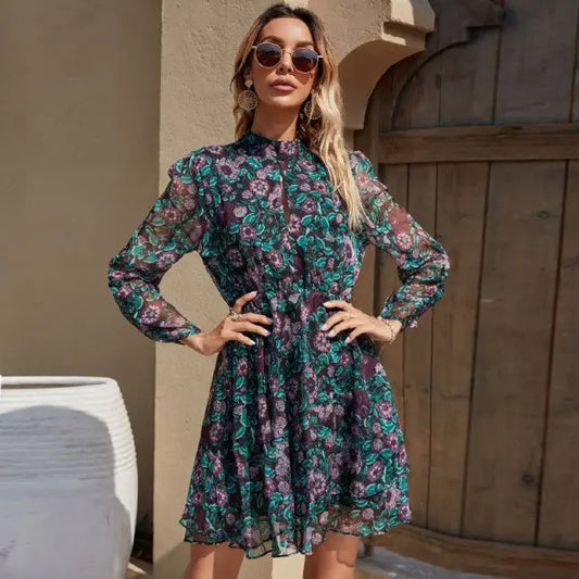Robe Fleurie Courte Col Montant | Dame Fleur