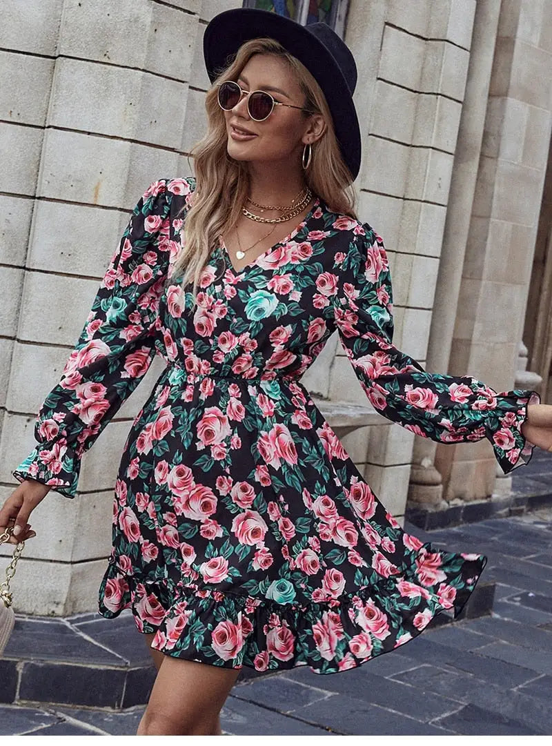 Robe Fleurie Courte Noire | Dame Fleur