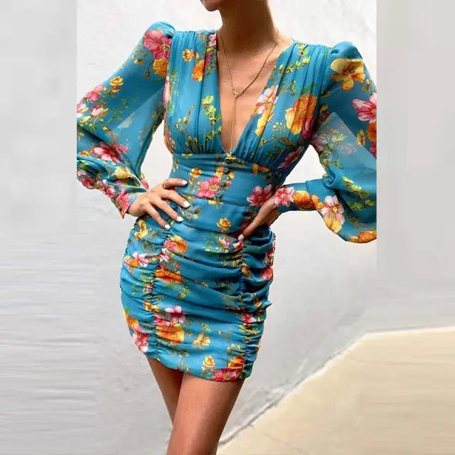 Robe Fleurie Drapée Manches Longues | Dame Fleur