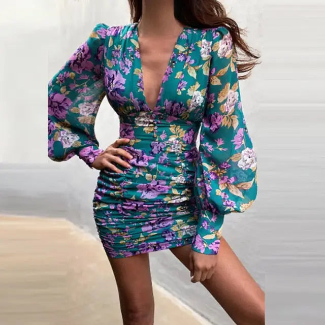 Robe Fleurie Drapée Manches Longues | Dame Fleur