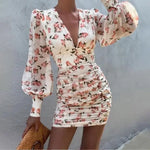 Robe Fleurie Drapée Manches Longues - Vignette | Dame Fleur