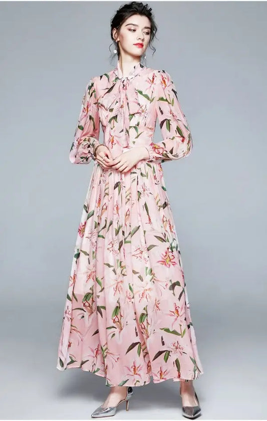 Robe Fleurie Longue Col cavalière | Dame Fleur