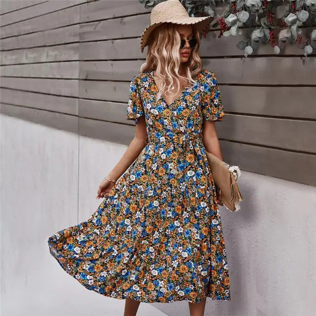 Robe Fleurie Mi-Longue Ceinturée | Dame Fleur
