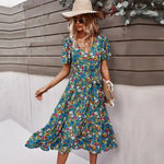 Robe Fleurie Mi-Longue Ceinturée - Vignette | Dame Fleur