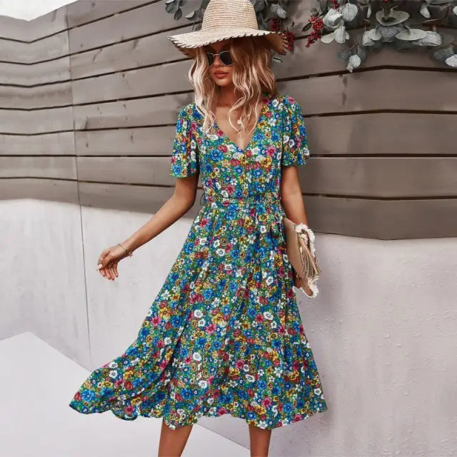 Robe Fleurie Mi-Longue Ceinturée | Dame Fleur