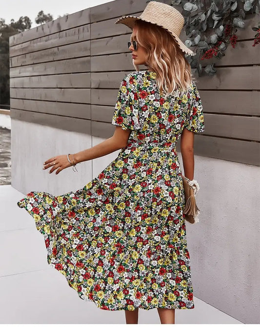 Robe Fleurie Mi-Longue Ceinturée | Dame Fleur