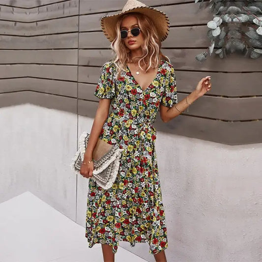 Robe Fleurie Mi-Longue Ceinturée | Dame Fleur