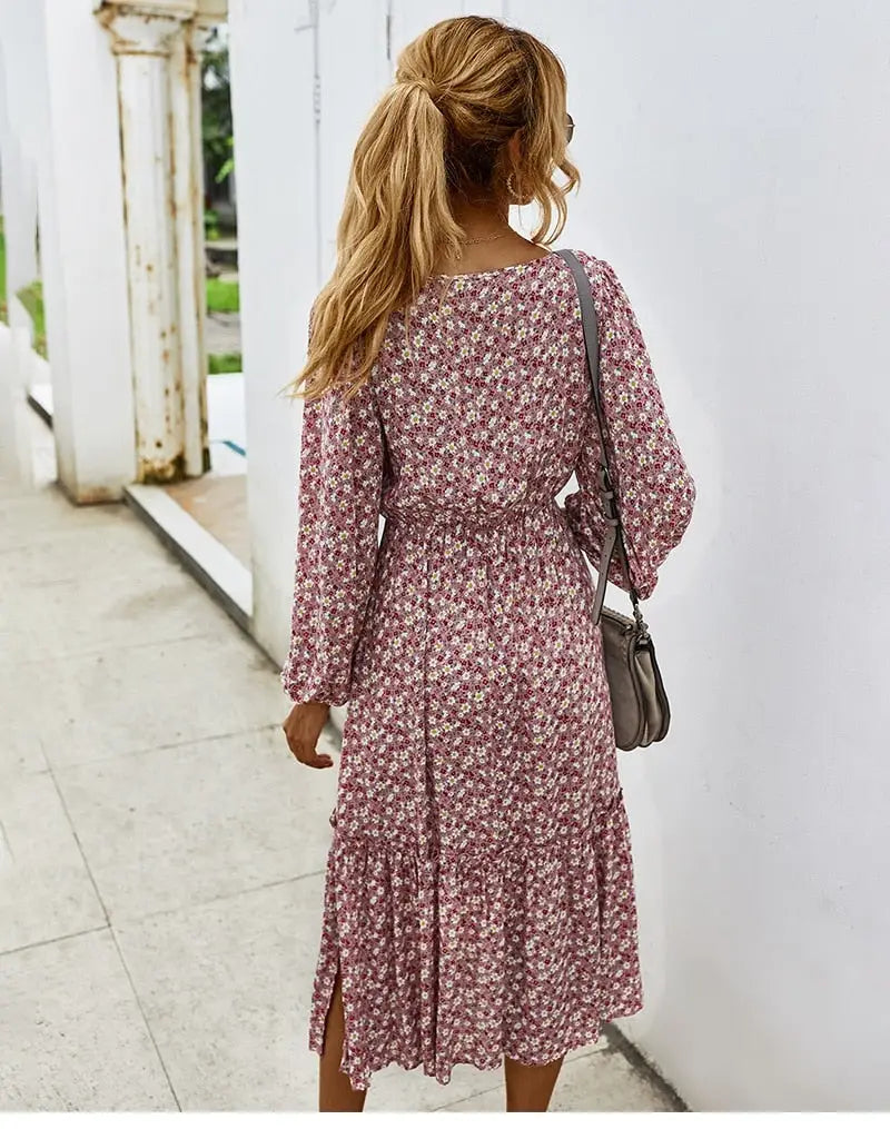 Robe Fleurie Mi-Longue Col Carré | Dame Fleur