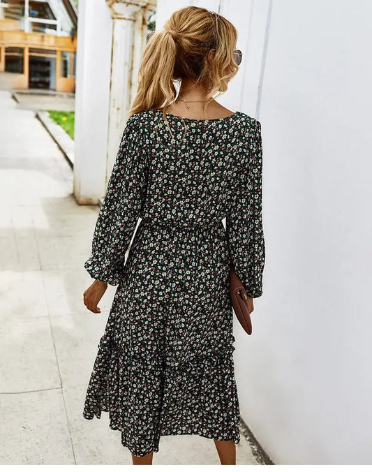 Robe Fleurie Mi-Longue Col Carré | Dame Fleur