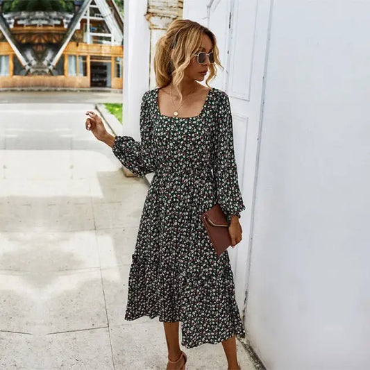 Robe Fleurie Mi-Longue Col Carré | Dame Fleur