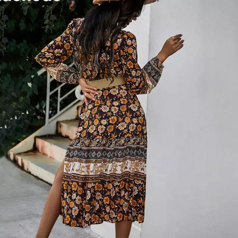 Robe Fleurie Mi-Longue Col Tunisien | Dame Fleur
