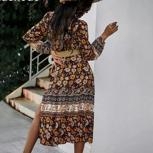 Robe Fleurie Mi-Longue Col Tunisien | Dame Fleur