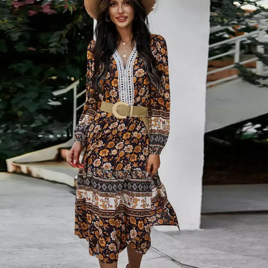 Robe Fleurie Mi-Longue Col Tunisien | Dame Fleur