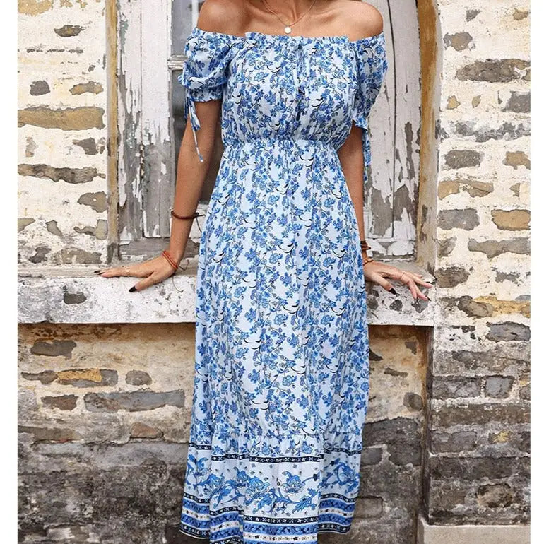Robe Fleurie Mi-Longue Epaules Dénudées | Dame Fleur