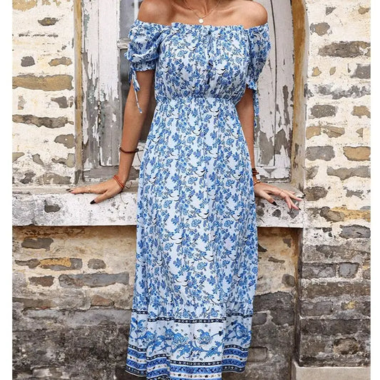 Robe Fleurie Mi-Longue Epaules Dénudées | Dame Fleur