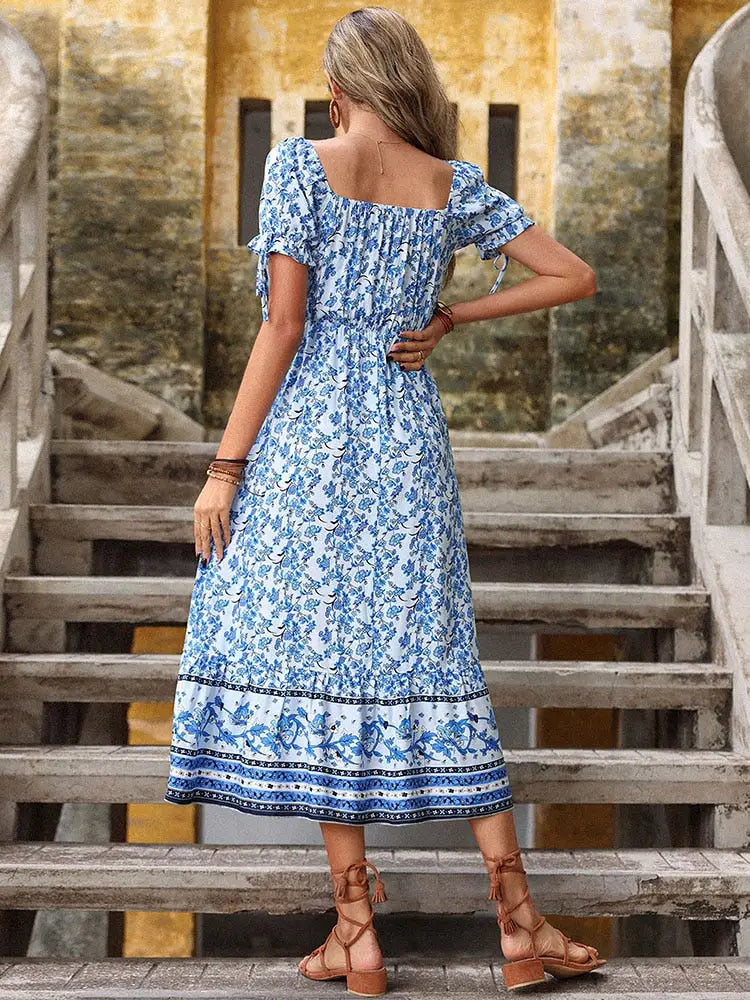 Robe Fleurie Mi-Longue Epaules Dénudées | Dame Fleur