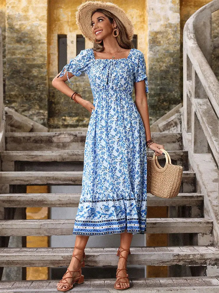 Robe Fleurie Mi-Longue Epaules Dénudées | Dame Fleur