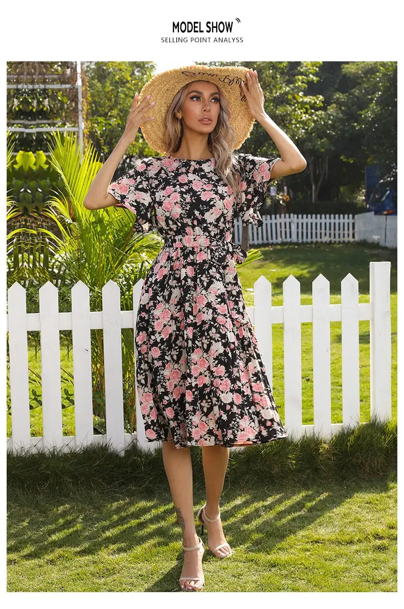 Robe Fleurie Mi-Longue Kaki | Dame Fleur